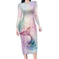 Hawaii Mermaid Sweet Pastel Long Sleeve Bodycon Dress Polynesian Pattern Fish Hook