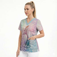 Hawaii Mermaid Sweet Pastel Scrub Top Polynesian Pattern Fish Hook