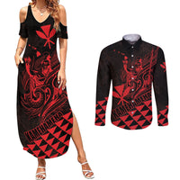 Personalized King Kamehameha Day Couples Matching Summer Maxi Dress and Long Sleeve Button Shirt Kakau Polynesian Pattern