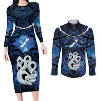 Personalized Maori Matariki Manaia Couples Matching Long Sleeve Bodycon Dress and Long Sleeve Button Shirt Maori Kowhaiwhai Pattern Galaxy