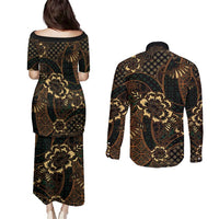 Indonesian Batik Pattern Vintage Brown Couples Matching Puletasi and Long Sleeve Button Shirt