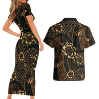 Indonesian Batik Pattern Vintage Brown Couples Matching Short Sleeve Bodycon Dress and Hawaiian Shirt