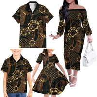 Indonesian Batik Pattern Vintage Brown Family Matching Off The Shoulder Long Sleeve Dress and Hawaiian Shirt