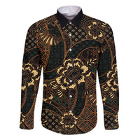 Indonesian Batik Pattern Vintage Brown Family Matching Off The Shoulder Long Sleeve Dress and Hawaiian Shirt