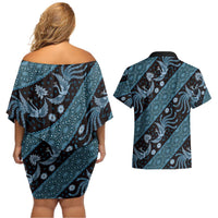 Indonesia Batik Pattern Couples Matching Off Shoulder Short Dress and Hawaiian Shirt Blue Version