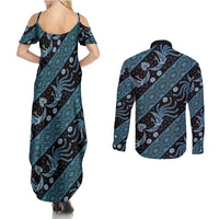 Indonesia Batik Pattern Couples Matching Summer Maxi Dress and Long Sleeve Button Shirt Blue Version