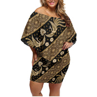 Indonesia Batik Pattern Family Matching Off Shoulder Short Dress and Hawaiian Shirt Gold Version