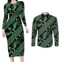 Indonesia Batik Pattern Couples Matching Long Sleeve Bodycon Dress and Long Sleeve Button Shirt Green Version