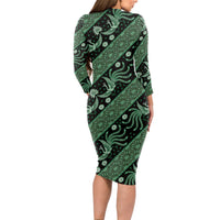 Indonesia Batik Pattern Long Sleeve Bodycon Dress Green Version