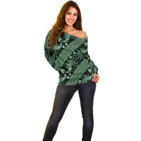 Indonesia Batik Pattern Off Shoulder Sweater Green Version