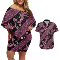 Indonesia Batik Pattern Couples Matching Off Shoulder Short Dress and Hawaiian Shirt Pink Version