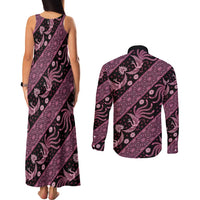 Indonesia Batik Pattern Couples Matching Tank Maxi Dress and Long Sleeve Button Shirt Pink Version