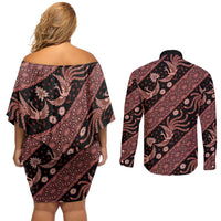 Indonesia Batik Pattern Couples Matching Off Shoulder Short Dress and Long Sleeve Button Shirt Red Version