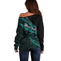 Personalised Aotearoa Off Shoulder Sweater Silver Fern Mix Paua Shell Polynesian Pattern LT01 - Polynesian Pride