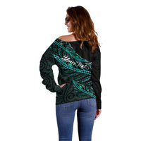 Personalised Aotearoa Off Shoulder Sweater Silver Fern Mix Paua Shell Polynesian Pattern LT01 - Polynesian Pride
