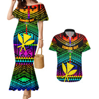 Personalised Hawaii Couples Matching Mermaid Dress and Hawaiian Shirt Kanaka Maoli Kakau 2023 National Coming Out Day LT01 Black - Polynesian Pride