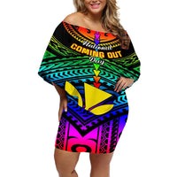 Personalised Hawaii Off Shoulder Short Dress Kanaka Maoli Kakau 2023 National Coming Out Day LT01 Women Black - Polynesian Pride