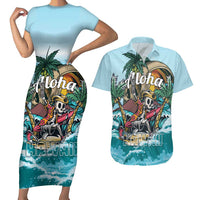 Personalized Aloha Hawaii Skeleton Couples Matching Short Sleeve Bodycon Dress and Hawaiian Shirt Tropical Summer Vibe
