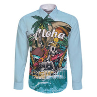 Personalized Aloha Hawaii Skeleton Family Matching Long Sleeve Bodycon Dress and Hawaiian Shirt Tropical Summer Vibe LT01 Dad's Shirt - Long Sleeve Blue - Polynesian Pride