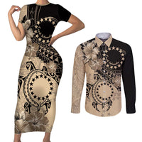 Cook Islands Turtle Couples Matching Short Sleeve Bodycon Dress and Long Sleeve Button Shirt Stars and Hibiscus - Beige