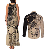 Cook Islands Turtle Couples Matching Tank Maxi Dress and Long Sleeve Button Shirt Stars and Hibiscus - Beige