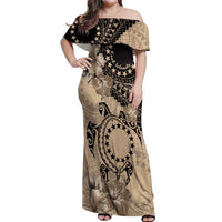 Cook Islands Turtle Off Shoulder Maxi Dress Stars and Hibiscus - Beige