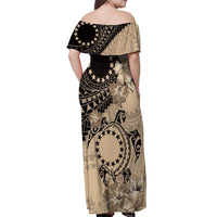 Cook Islands Turtle Off Shoulder Maxi Dress Stars and Hibiscus - Beige
