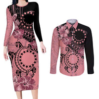 Cook Islands Turtle Couples Matching Long Sleeve Bodycon Dress and Long Sleeve Button Shirt Stars and Hibiscus - Pink