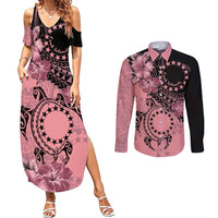 Cook Islands Turtle Couples Matching Summer Maxi Dress and Long Sleeve Button Shirt Stars and Hibiscus - Pink