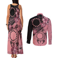 Cook Islands Turtle Couples Matching Tank Maxi Dress and Long Sleeve Button Shirt Stars and Hibiscus - Pink