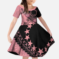 Cook Islands Turtle Kid Short Sleeve Dress Stars and Hibiscus - Pink