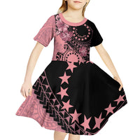 Cook Islands Turtle Kid Short Sleeve Dress Stars and Hibiscus - Pink