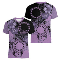 Cook Islands Turtle Women V-Neck T-Shirt Stars and Hibiscus - Purple