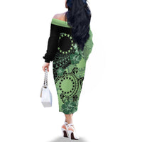 Cook Islands Turtle Family Matching Off The Shoulder Long Sleeve Dress and Hawaiian Shirt Stars and Hibiscus - Green