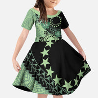 Cook Islands Turtle Family Matching Short Sleeve Bodycon Dress and Hawaiian Shirt Stars and Hibiscus - Green LT01 Daughter's Dress Green - Polynesian Pride