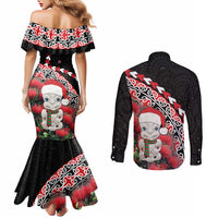 New Zealand Christmas Meri Kirihimete Couples Matching Mermaid Dress and Long Sleeve Button Shirt Santa Hei Tiki Pohutukawa