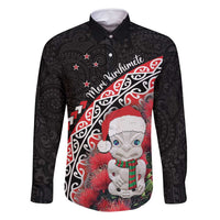 New Zealand Christmas Meri Kirihimete Family Matching Long Sleeve Bodycon Dress and Hawaiian Shirt Santa Hei Tiki Pohutukawa LT01 Dad's Shirt - Long Sleeve Black - Polynesian Pride