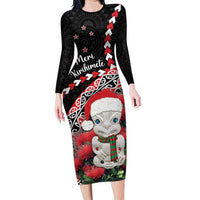 New Zealand Christmas Meri Kirihimete Long Sleeve Bodycon Dress Santa Hei Tiki Pohutukawa LT01 Long Dress Black - Polynesian Pride