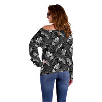 Grayscale Monstera Off Shoulder Sweater Polynesian Tribal Pattern - Polynesian Pride