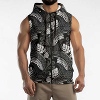 Grayscale Monstera Sleeveless Zip Hoodie Polynesian Tribal Pattern - Polynesian Pride