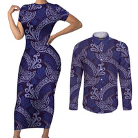 Deep Blue Monstera Couples Matching Short Sleeve Bodycon Dress and Long Sleeve Button Shirt Polynesian Tribal Pattern LT01 Blue - Polynesian Pride