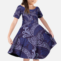 Deep Blue Monstera Family Matching Short Sleeve Bodycon Dress and Hawaiian Shirt Polynesian Tribal Pattern LT01 Daughter's Dress Blue - Polynesian Pride