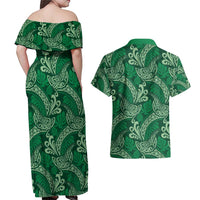Forest Green Monstera Couples Matching Off Shoulder Maxi Dress and Hawaiian Shirt Polynesian Tribal Pattern - Polynesian Pride