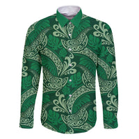 Forest Green Monstera Family Matching Off Shoulder Maxi Dress and Hawaiian Shirt Polynesian Tribal Pattern LT01 Dad's Shirt - Long Sleeve Green - Polynesian Pride