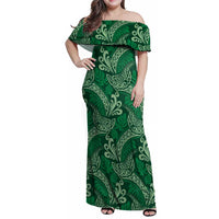 Forest Green Monstera Family Matching Off Shoulder Maxi Dress and Hawaiian Shirt Polynesian Tribal Pattern LT01 Mom's Dress Green - Polynesian Pride