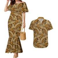 Brown Gold Monstera Couples Matching Mermaid Dress and Hawaiian Shirt Polynesian Tribal Pattern - Polynesian Pride