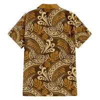 Brown Gold Monstera Family Matching Off The Shoulder Long Sleeve Dress and Hawaiian Shirt Polynesian Tribal Pattern LT01 - Polynesian Pride