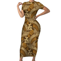 Brown Gold Monstera Family Matching Short Sleeve Bodycon Dress and Hawaiian Shirt Polynesian Tribal Pattern LT01 Mom's Dress Gold - Polynesian Pride