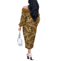 Brown Gold Monstera Off The Shoulder Long Sleeve Dress Polynesian Tribal Pattern - Polynesian Pride
