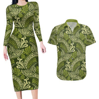 Olive Green Monstera Couples Matching Long Sleeve Bodycon Dress and Hawaiian Shirt Polynesian Tribal Pattern LT01 Green - Polynesian Pride